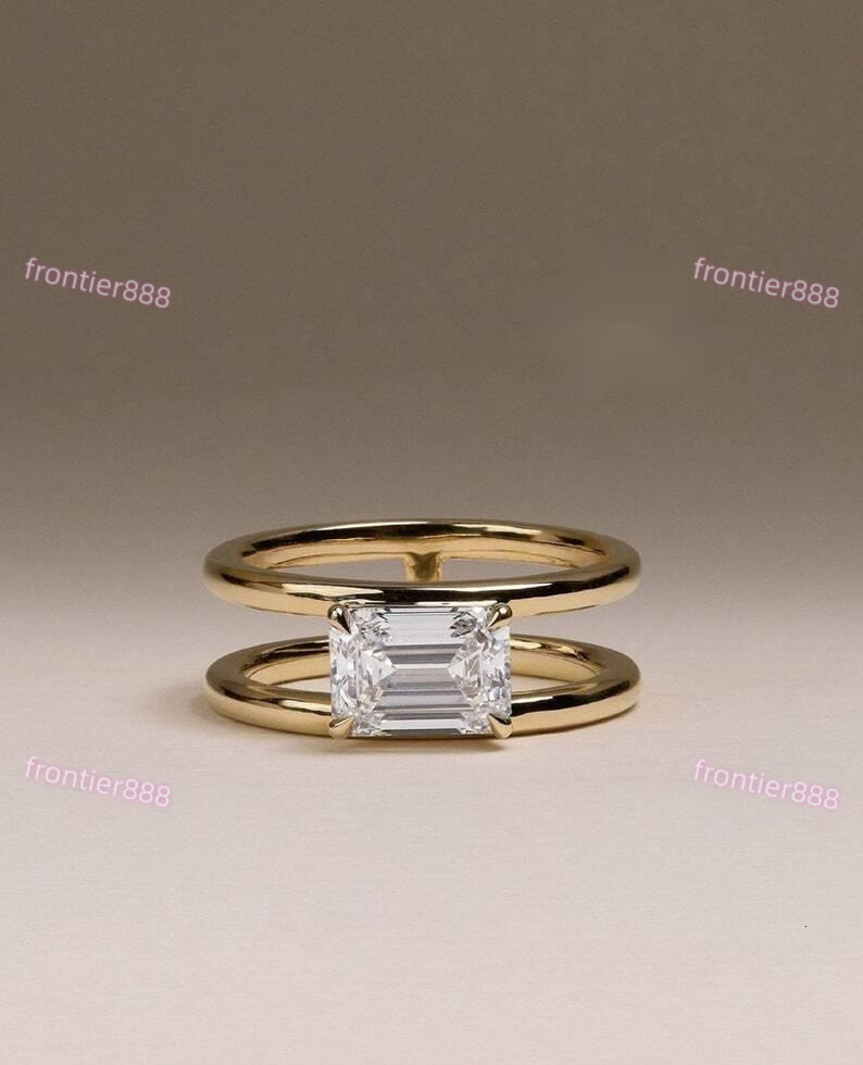 Luxury Emerald Cut Lab Diamond Ring 14K Gold Minimalist Double Band Statement Engagement Ring for Women IGI Certified - view 3