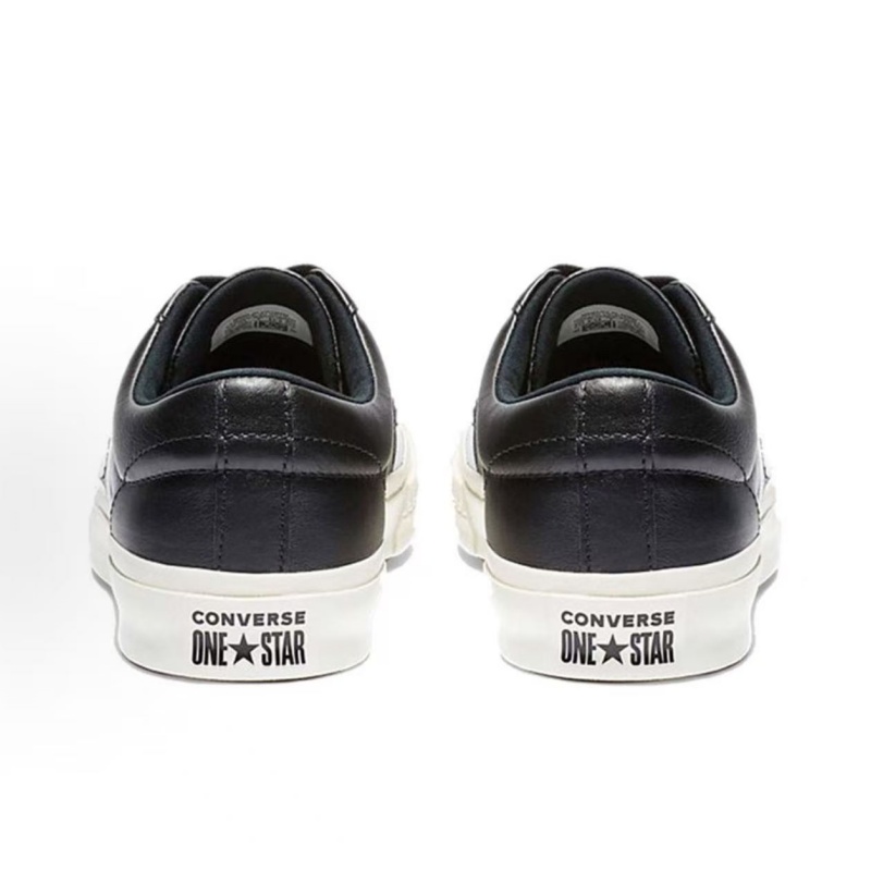 Converse One Star Men Women Leather Sneakers, Black White Low Top Lace Up Shoes, Vintage Off White Rubber Sole Street Style Casual Walking Board Shoes - view 5