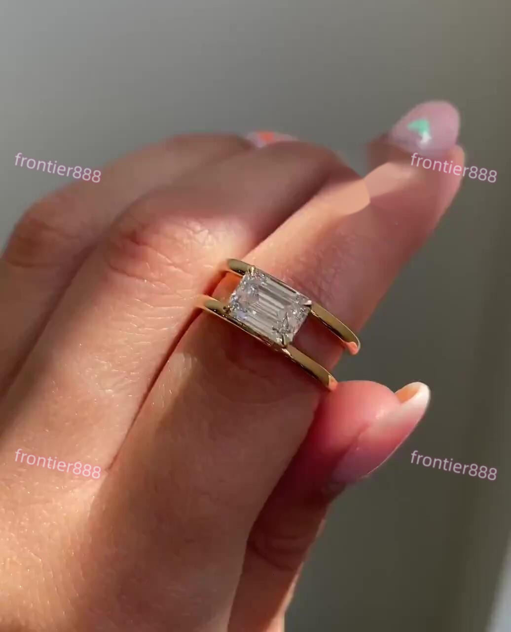 Luxury Emerald Cut Lab Diamond Ring 14K Gold Minimalist Double Band Statement Engagement Ring for Women IGI Certified