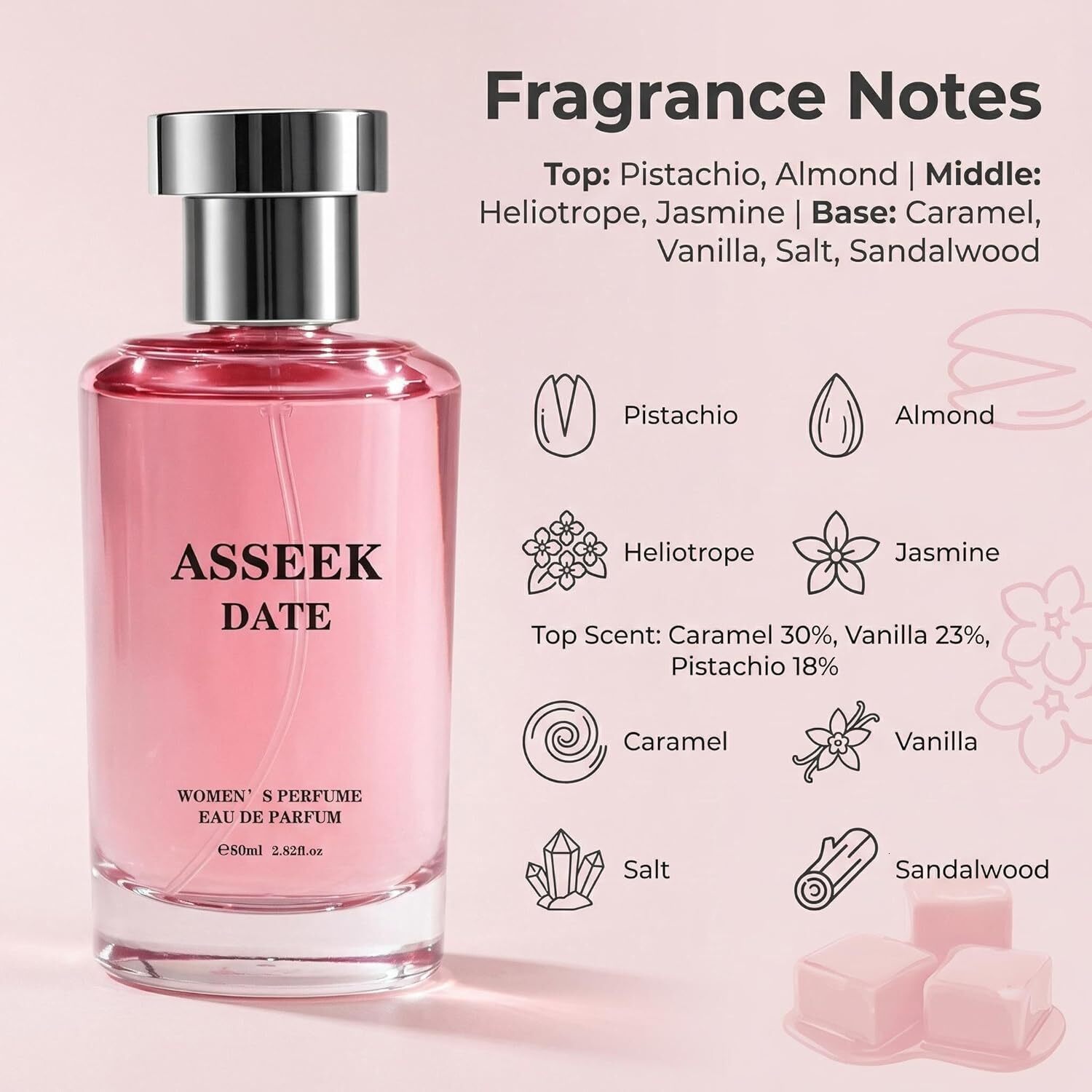 ASSEEK DATE Women's Eau de Parfum 80ml / 2.82 fl oz, Oriental Floral Scent with Pistachio Almond Jasmine Vanilla Notes, Long-Lasting 26Y0828 - view 8