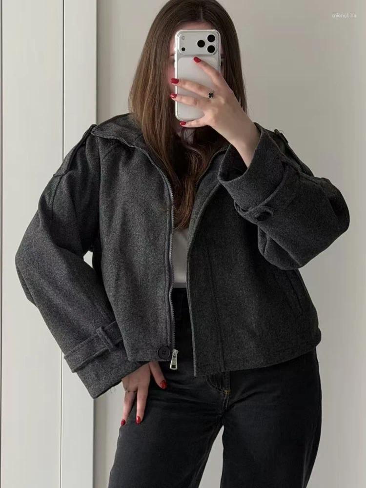 Women' s Wool FSMG Vintage Loose Stand Collar Woolen Coa - view 4