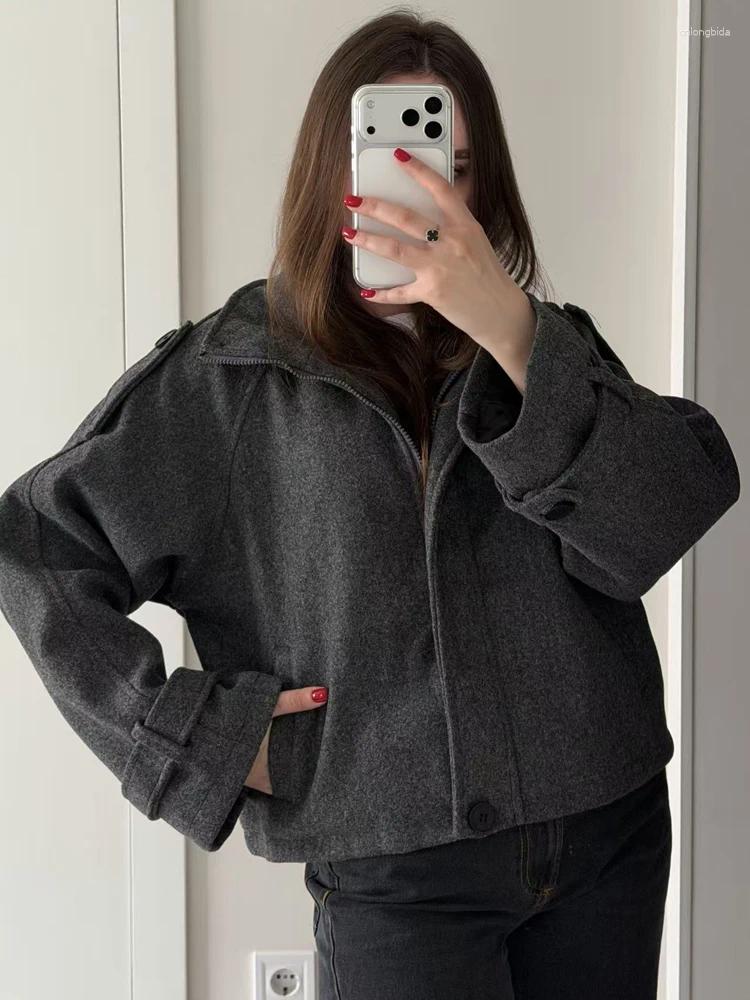 Women' s Wool FSMG Vintage Loose Stand Collar Woolen Coa - view 3