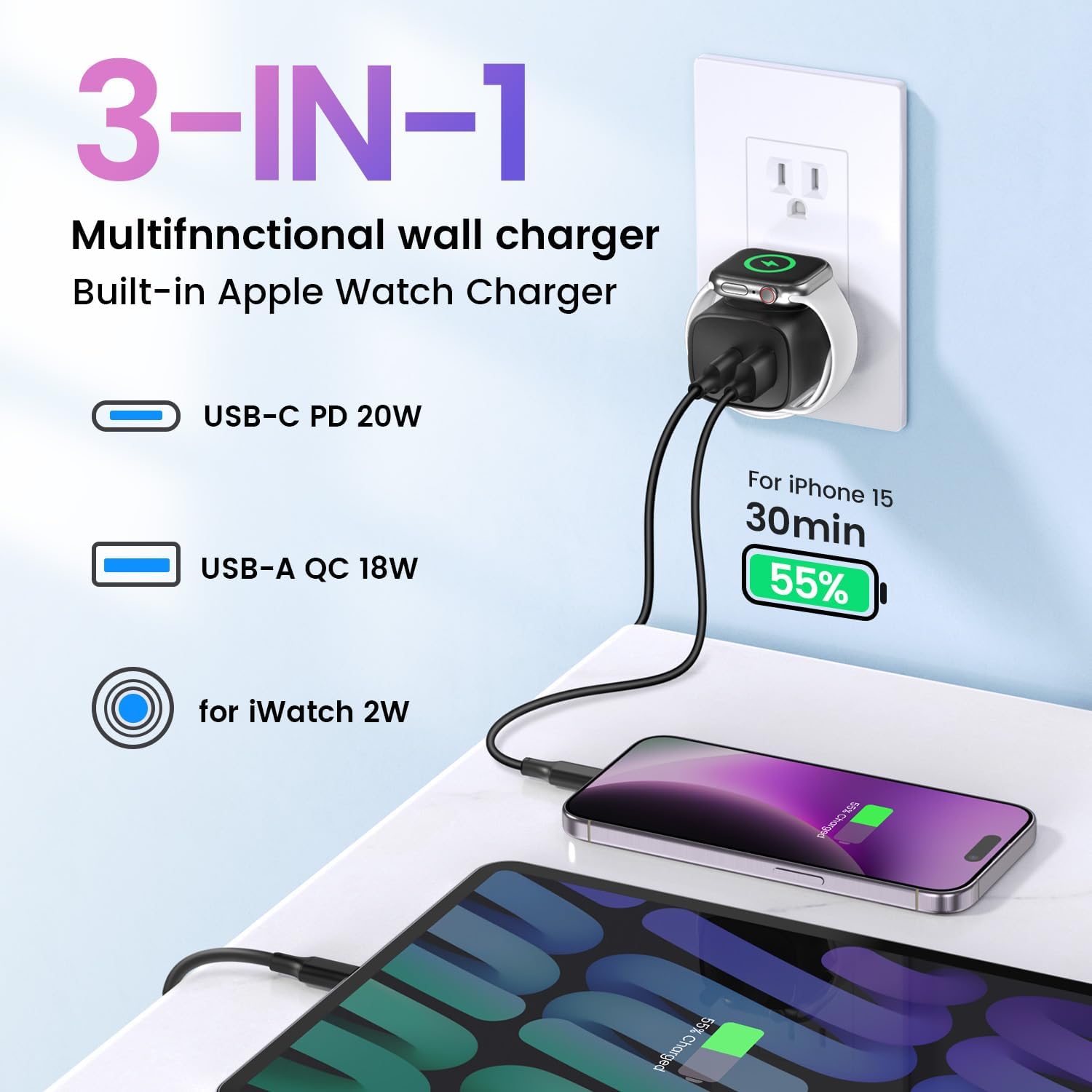 Portable USB-C GaN Power Bank & Multi-device Dock: Charges iPhone 14+ / iPad / MacBook + Apple Watches MagSafe Enabled Devices - view 3