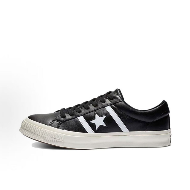 Converse One Star Men Women Leather Sneakers, Black White Low Top Lace Up Shoes, Vintage Off White Rubber Sole Street Style Casual Walking Board Shoes - view 3