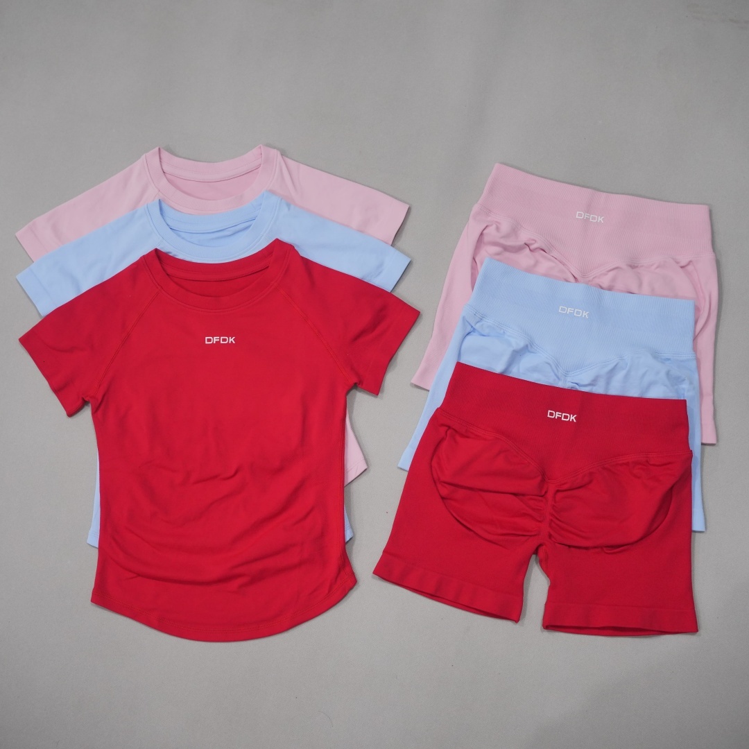 DFDK Women Seamless 2Pcs Yoga Set Short Sleeve Top Waist Shorts High Elastic Quick Dry Outfit for Gym Running Fitness Train 26Y0828
