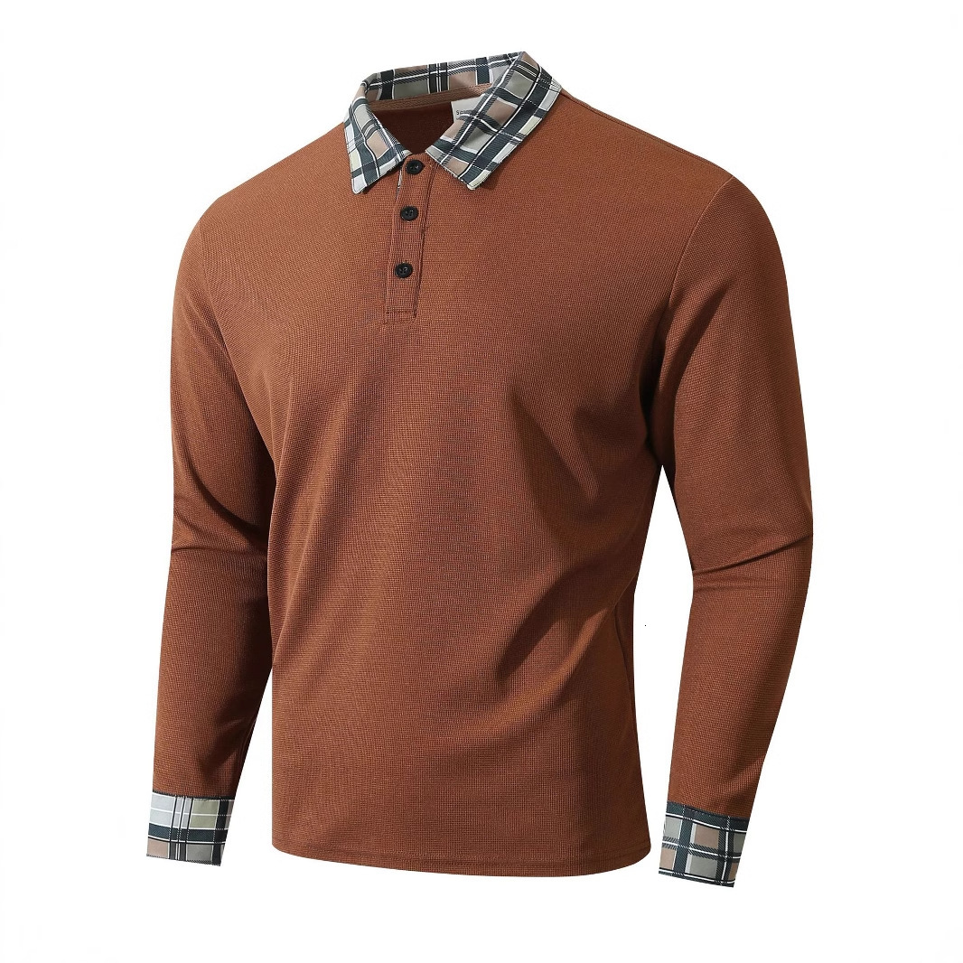 Designer New Men's Autumn Outdoor Fashion Breathable Turn-Down Collar Sports Casual Long Sleeve Plaid Polo Shirt - view 3