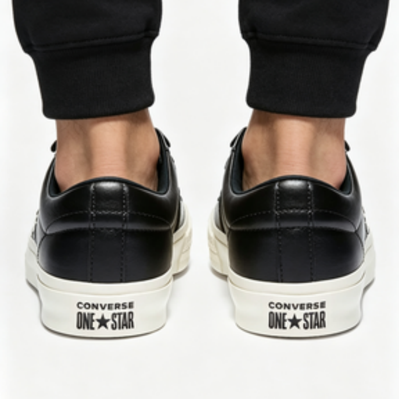 Converse One Star Men Women Leather Sneakers, Black White Low Top Lace Up Shoes, Vintage Off White Rubber Sole Street Style Casual Walking Board Shoes - view 7