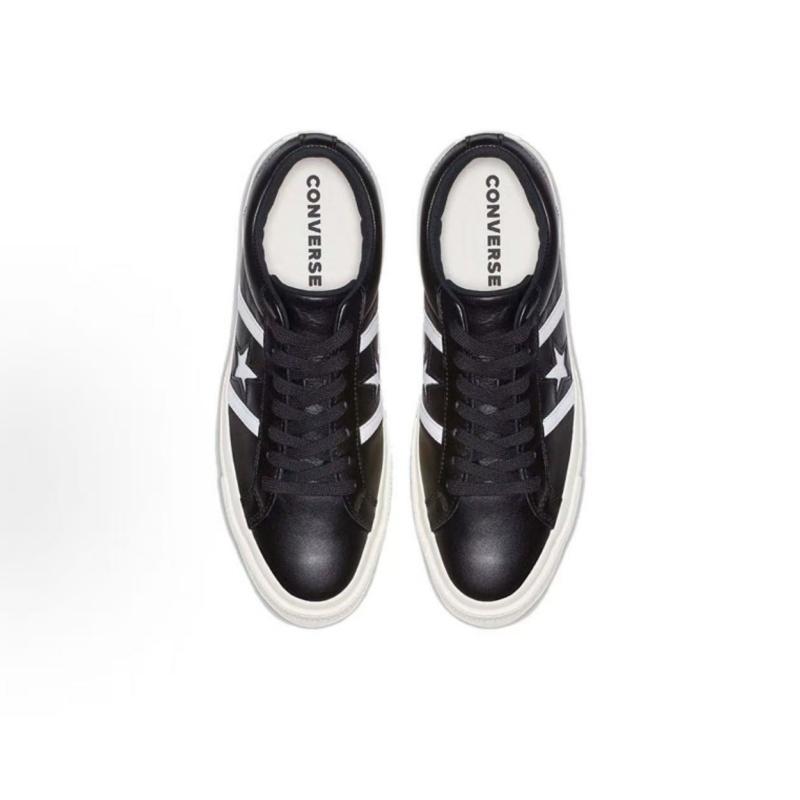 Converse One Star Men Women Leather Sneakers, Black White Low Top Lace Up Shoes, Vintage Off White Rubber Sole Street Style Casual Walking Board Shoes - view 4