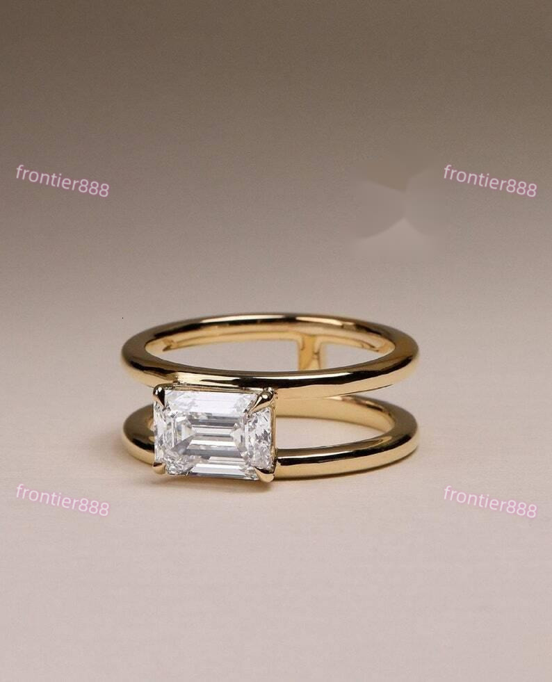 Luxury Emerald Cut Lab Diamond Ring 14K Gold Minimalist Double Band Statement Engagement Ring for Women IGI Certified - view 4