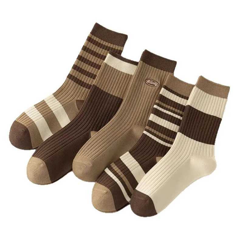 And 5 Pairs Set Autumn Winter Socks Mid Tube Socks Versatile Simple Pile Socks College Style Brown Series Long Socks Fashionable L260827 - view 6