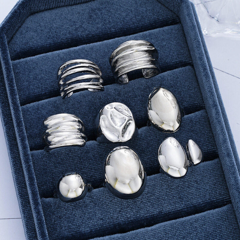 Chunky SilverTone Stackable Ring Set Irregular Wavy Metal MultiPiece Finger Rings for Women Punk Jewelry - view 3