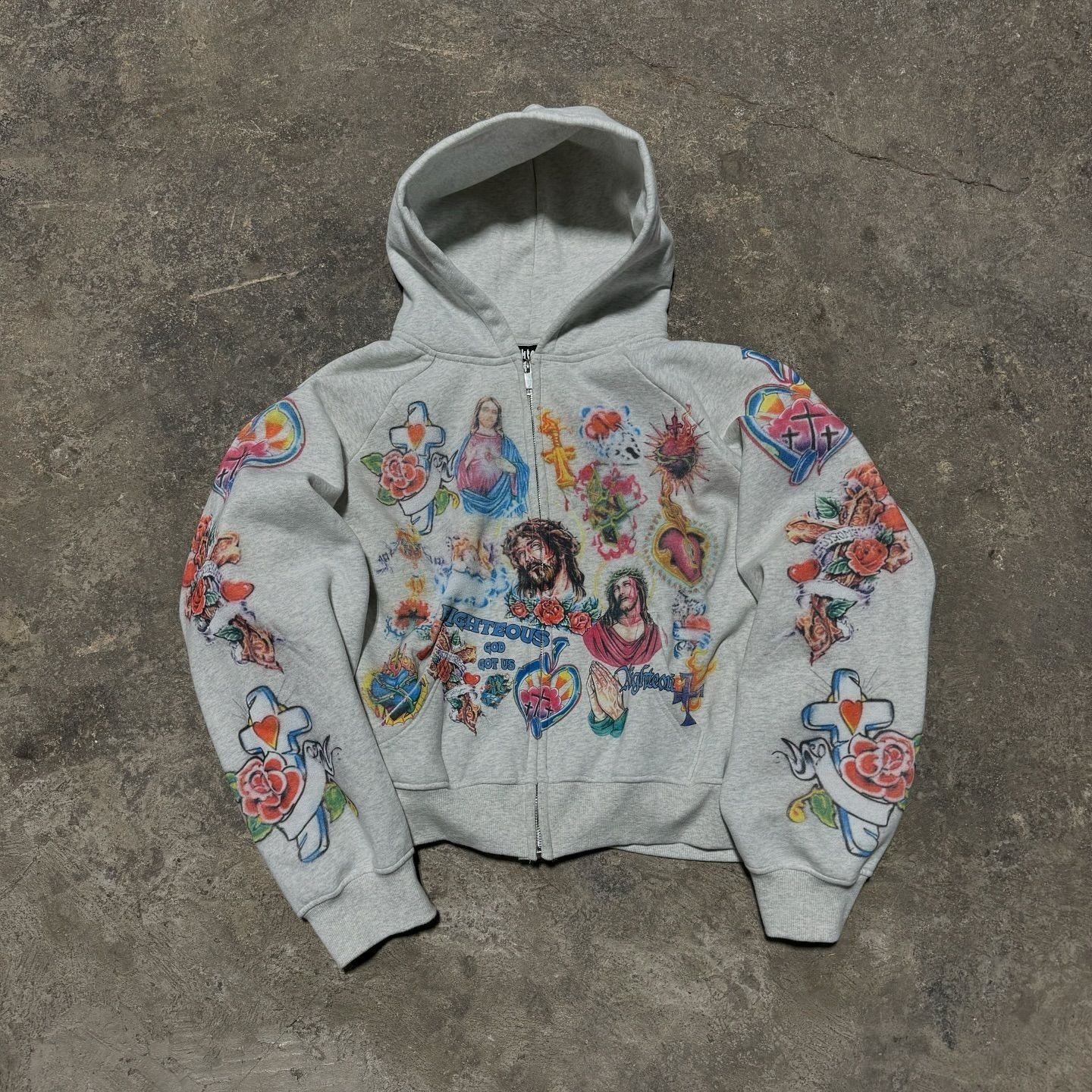 Trendy Y2K Mens Street Black Zip Up Hoodie Unisex with Religious Pattern Multi Element Print for Niche Youth Express Personality 260720 - view 8