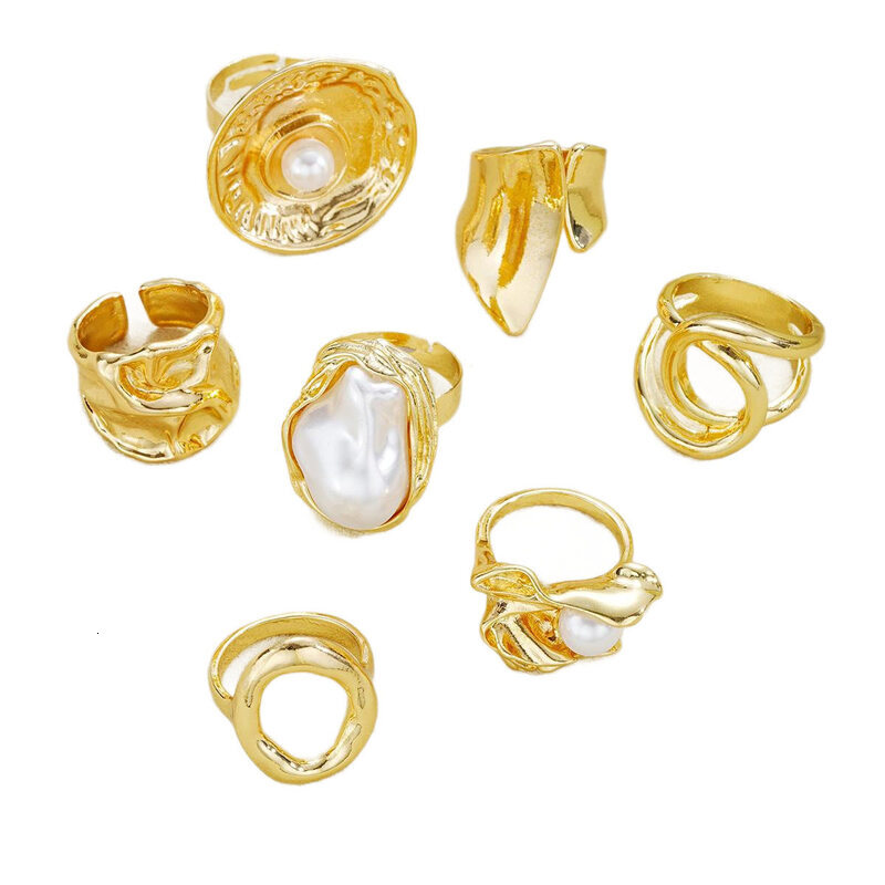 12Pcs GoldTone Irregular Hammered Stackable Ring Set Baroque Faux Pearl MultiPiece Finger Rings Women Punk Jewelry - view 6