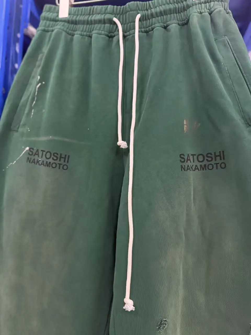2026 AW Satoshi Nakamoto Drawstring Washed Letter Print Green Hole Jogger Sweatpants Trousers Cotton Men Women Streetwear Pants X260828 - view 4