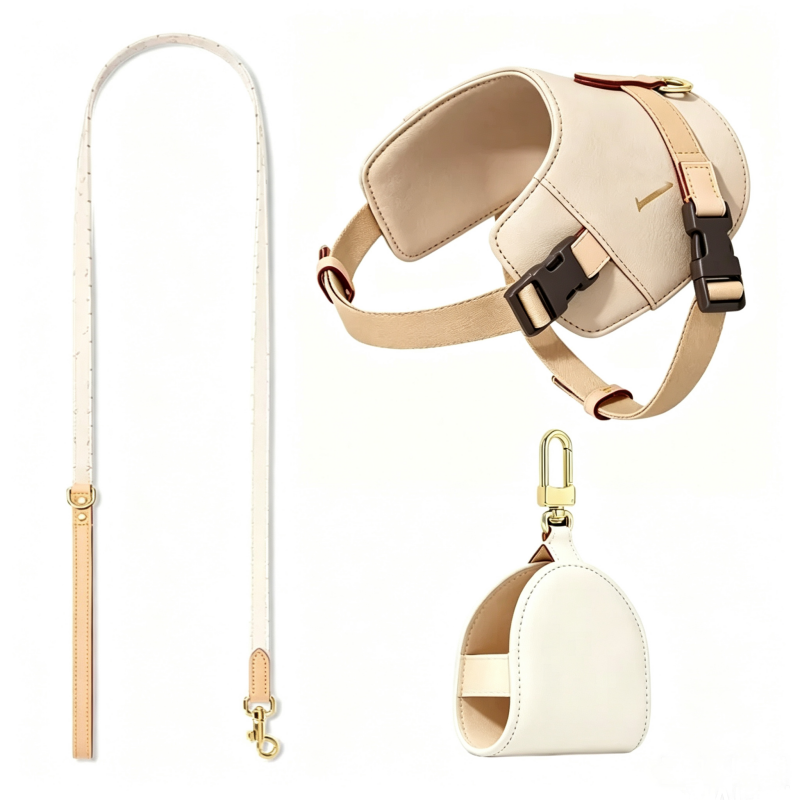 Designer Dog Harness Luxury Dune Coated Canvas Leash and Dog Bag Holder Premium Pet Walking Gear for Small Medium Dogs Outdoor Travel Fashion Pet Acce