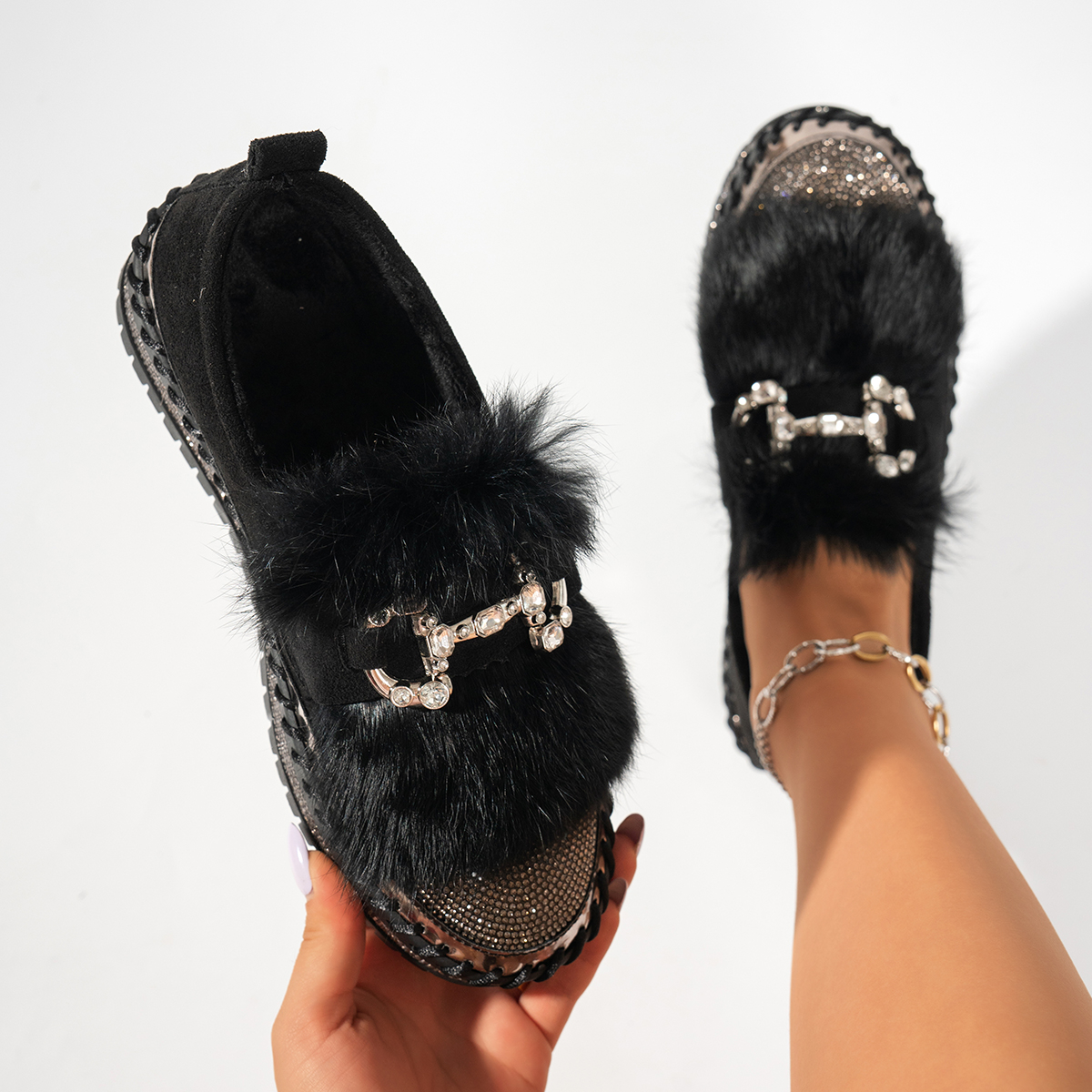 High Quality Fashion Womens Shoes New Rhinestone Womens Luxury loafers Leather suede Designer Casual Shoes Shiny Outdoor flat bottom walking shoes - view 3