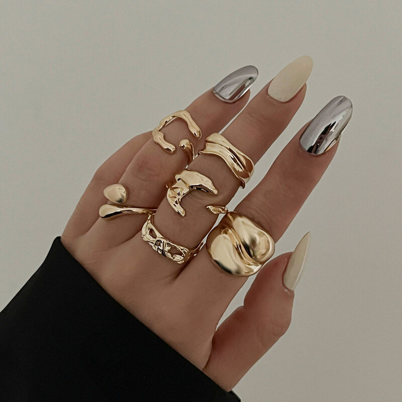 6Pcs GoldTone Irregular Open Ring Set Adjustable Hammered Geometric Stackable Finger Rings for Women Daily Jewelry - view 4