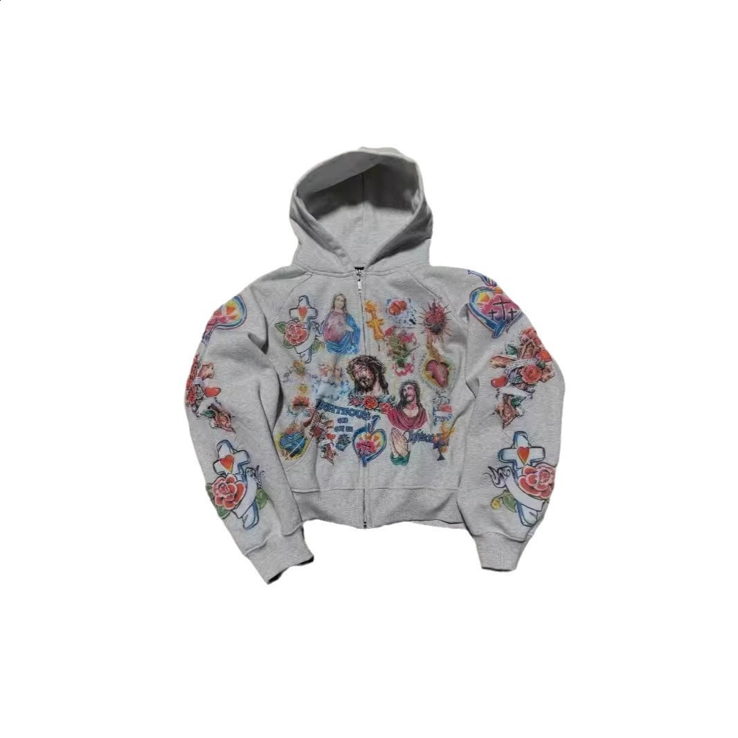 Trendy Y2K Mens Street Black Zip Up Hoodie Unisex with Religious Pattern Multi Element Print for Niche Youth Express Personality 260720 - view 7