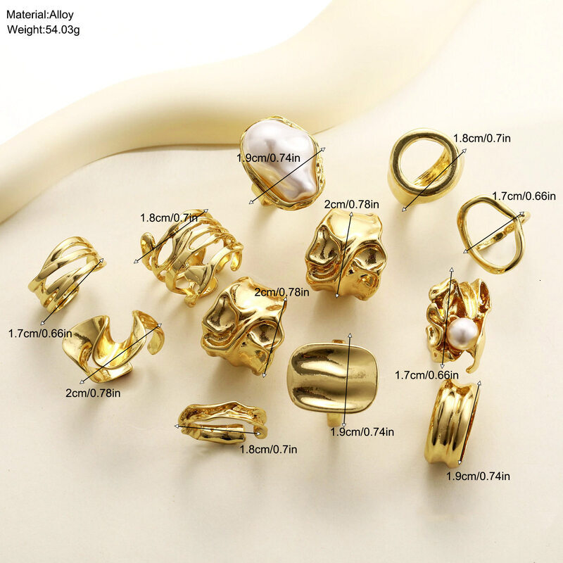 12Pcs GoldTone Irregular Hammered Stackable Ring Set Baroque Faux Pearl MultiPiece Finger Rings Women Punk Jewelry - view 3