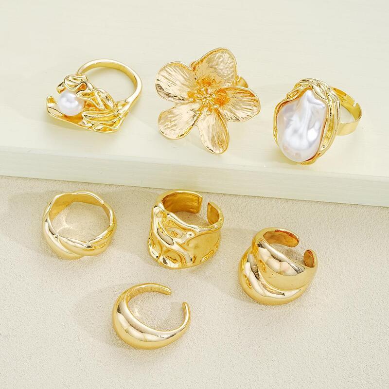 12Pcs GoldTone Irregular Hammered Stackable Ring Set Baroque Faux Pearl MultiPiece Finger Rings Women Punk Jewelry - view 5