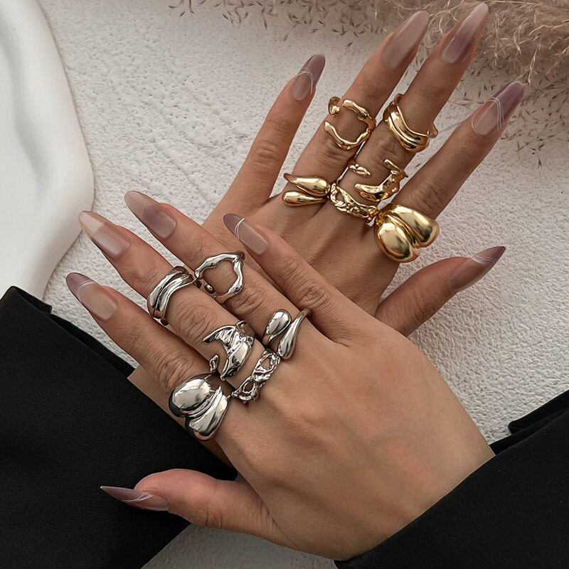 6Pcs GoldTone Irregular Open Ring Set Adjustable Hammered Geometric Stackable Finger Rings for Women Daily Jewelry - view 3