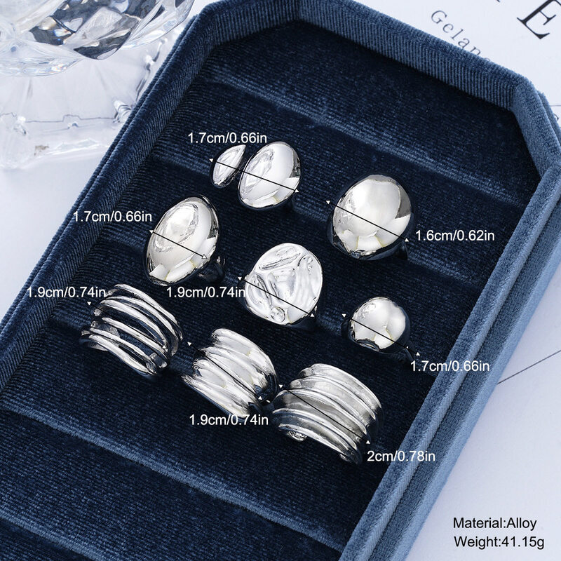 Chunky SilverTone Stackable Ring Set Irregular Wavy Metal MultiPiece Finger Rings for Women Punk Jewelry - view 4