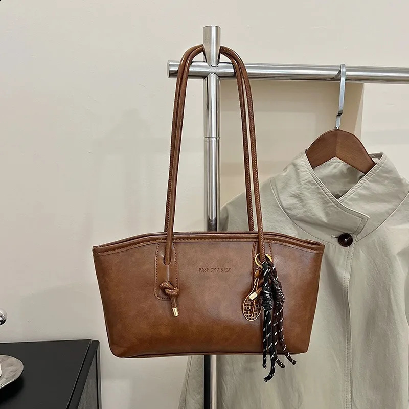Vintage Faux Leather Long Strap Underarm Bags Solid Women Small Handbag Purse Casual Daily Tote Shoulder Bag with Decor Pendant 260901 - view 5