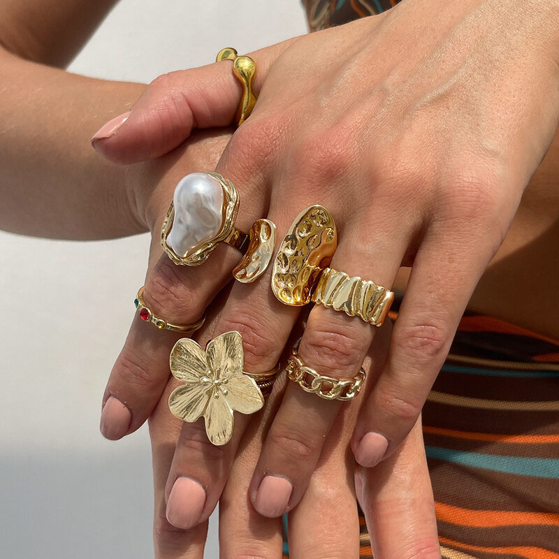 Boho Flower Baroque Pearl Stackable Ring Set GoldTone Color Stone MultiPiece Finger Rings for Women Beach Jewelry - view 3