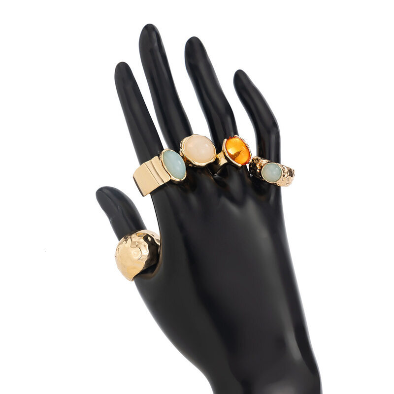 Boho Natural Stone Wide Band Ring Set GoldTone Hammered Metal MultiPiece Stackable Finger Rings for Women - view 6