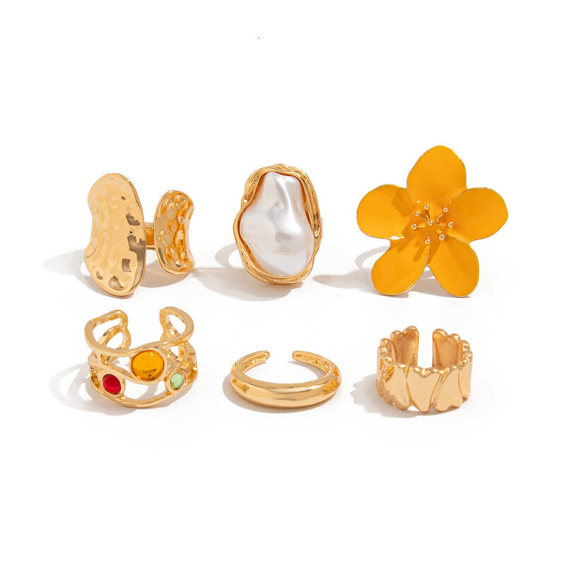 Boho Flower Baroque Pearl Stackable Ring Set GoldTone Color Stone MultiPiece Finger Rings for Women Beach Jewelry - view 6