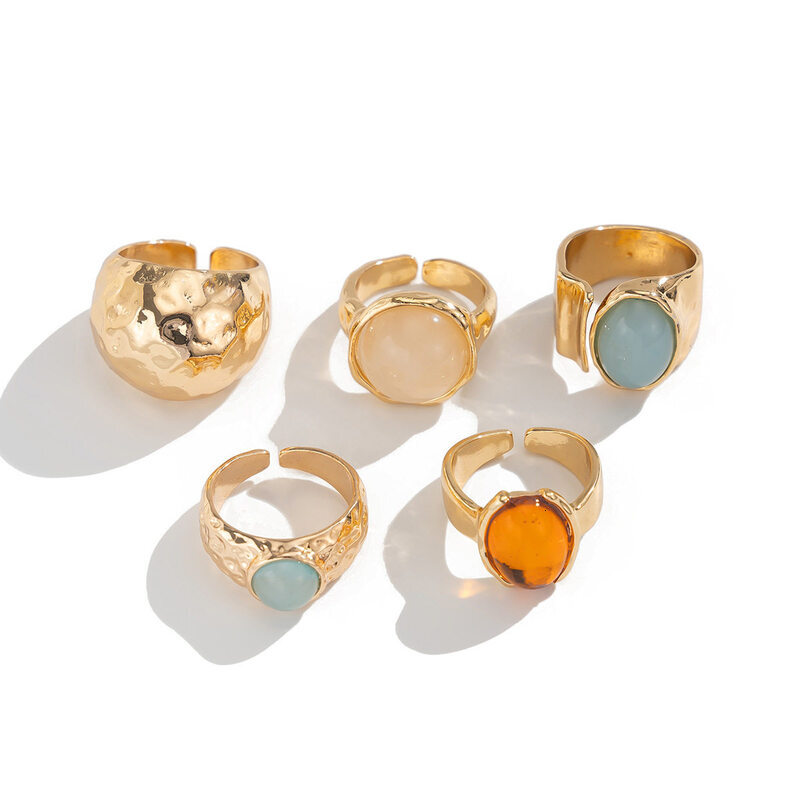 Boho Natural Stone Wide Band Ring Set GoldTone Hammered Metal MultiPiece Stackable Finger Rings for Women - view 4