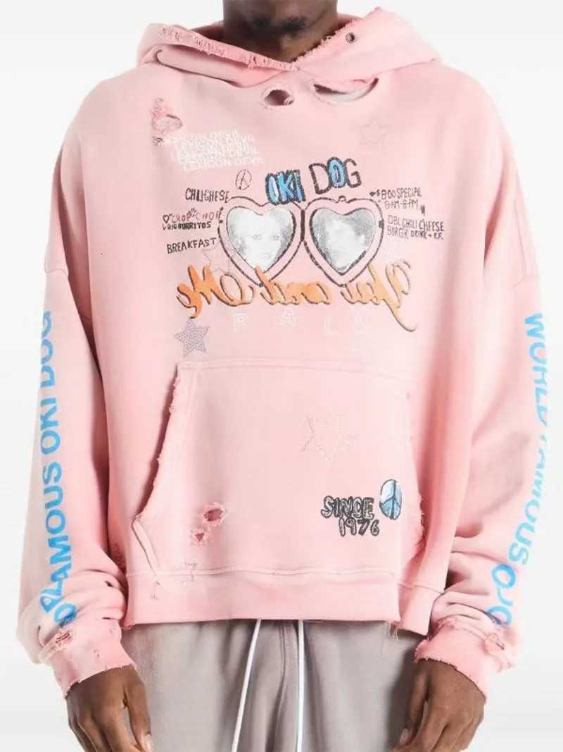 Oversized Autumn Winter Long Sleeve Hole Printed Pullover Cotton Loose Pink Men Women Long-Sleeved Hoodie X260828