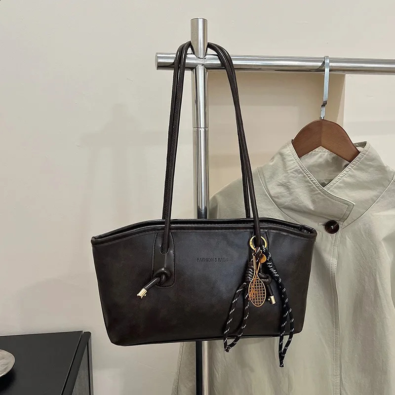 Vintage Faux Leather Long Strap Underarm Bags Solid Women Small Handbag Purse Casual Daily Tote Shoulder Bag with Decor Pendant 260901 - view 3