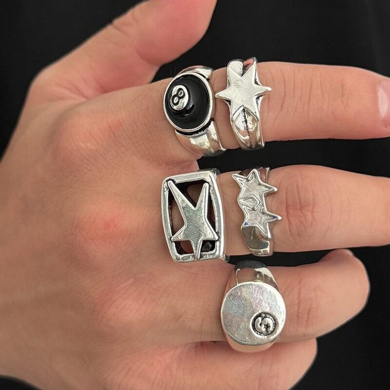 Vintage Punk Star 8Ball Pattern Ring Set Antique SilverTone Retro Gothic MultiPiece Finger Rings for Men Women - view 4