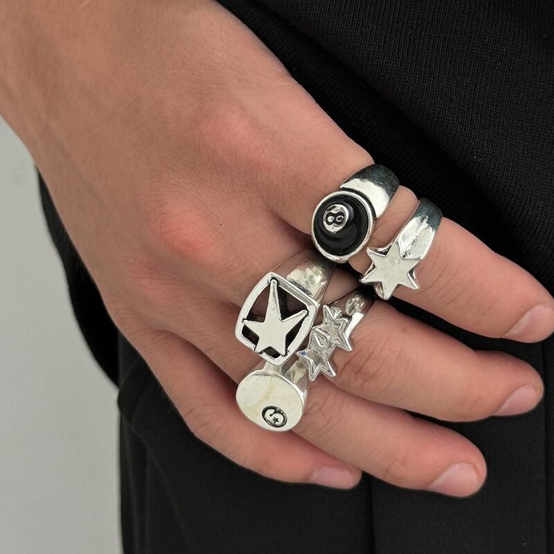 Vintage Punk Star 8Ball Pattern Ring Set Antique SilverTone Retro Gothic MultiPiece Finger Rings for Men Women - view 3