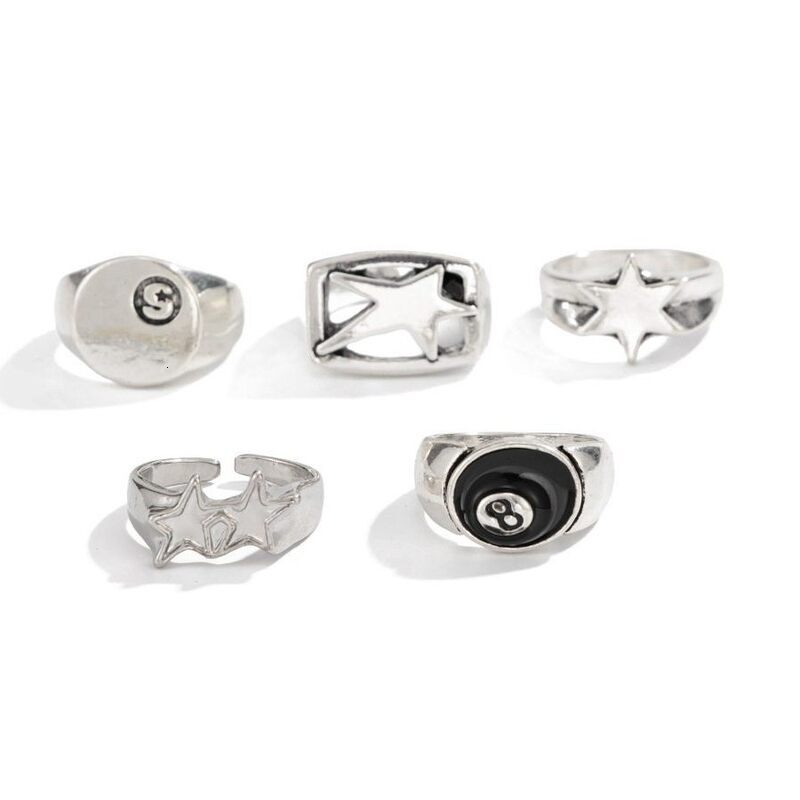 Vintage Punk Star 8Ball Pattern Ring Set Antique SilverTone Retro Gothic MultiPiece Finger Rings for Men Women - view 5