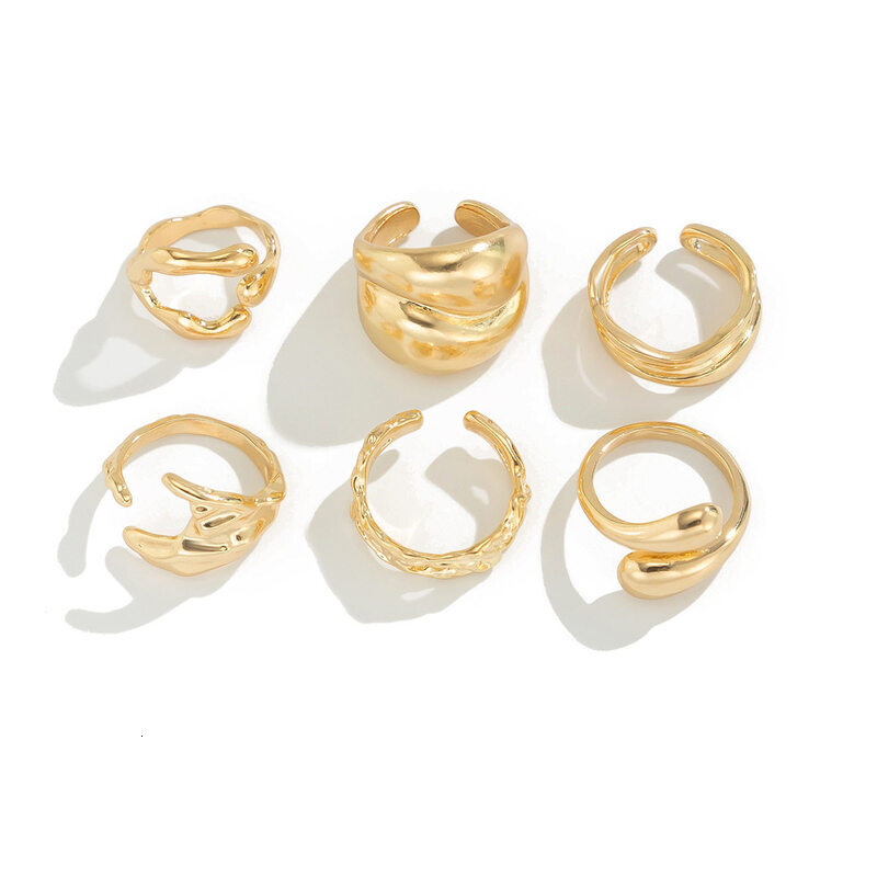 6Pcs GoldTone Irregular Open Ring Set Adjustable Hammered Geometric Stackable Finger Rings for Women Daily Jewelry - view 6