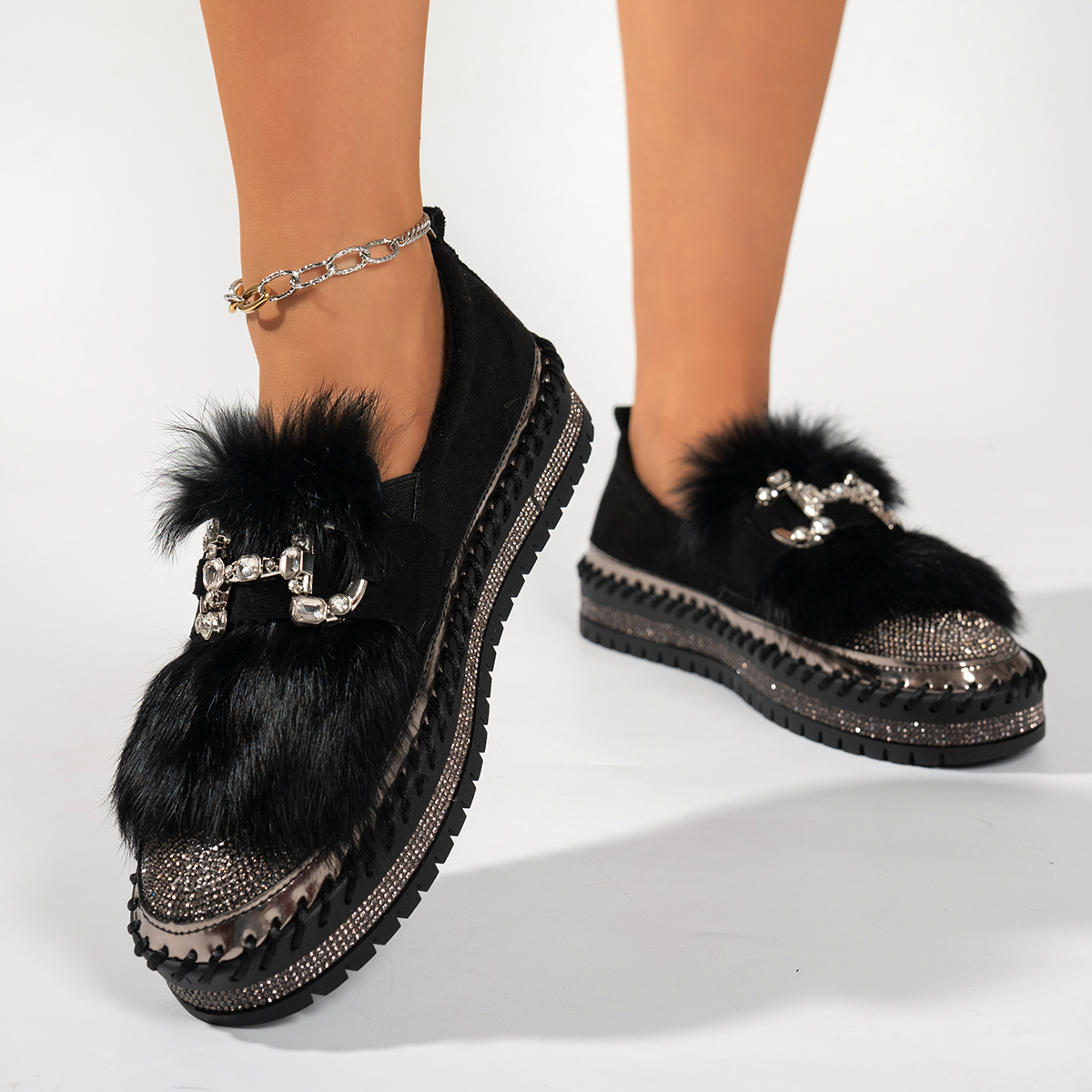 High Quality Fashion Womens Shoes New Rhinestone Womens Luxury loafers Leather suede Designer Casual Shoes Shiny Outdoor flat bottom walking shoes - view 5