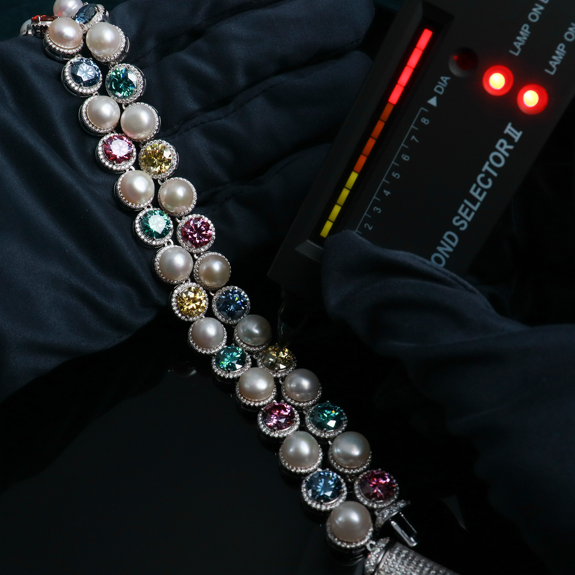 Pearl Series 925 Sterling Silver Mixed Colored VVS Moissanite Gemstone Freshwater Pearl Cluster Halo Tennis Chain Necklace - view 5
