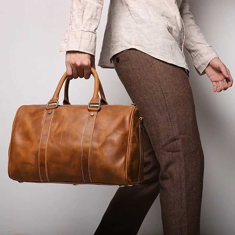 Designer Genuine Vintage Brown Black Crazy Horse Leather Short Trip Business Men Wen Travel Bag Shoder Messenger GYM Duffle M1028 J260829 - view 3