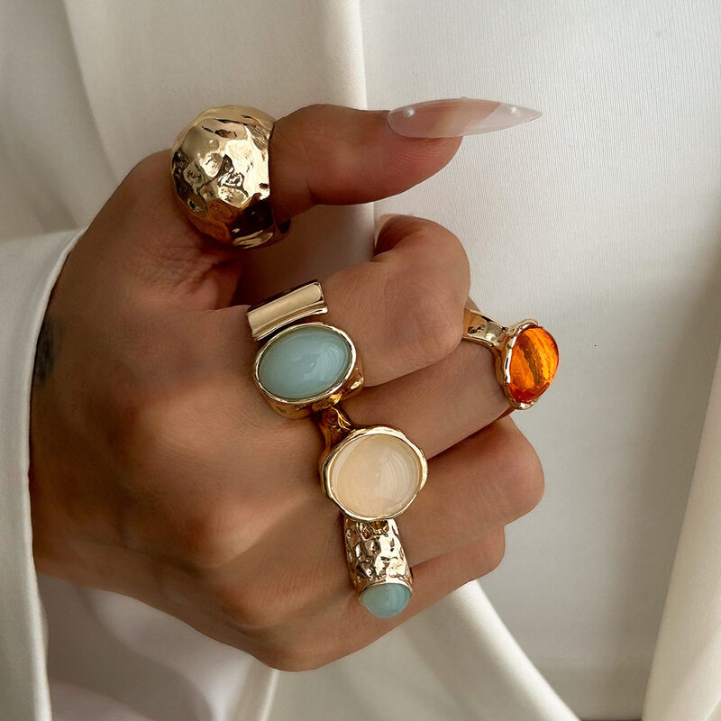 Boho Natural Stone Wide Band Ring Set GoldTone Hammered Metal MultiPiece Stackable Finger Rings for Women - view 3
