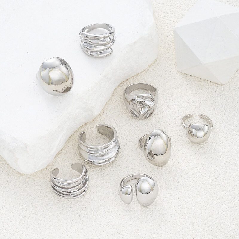 Chunky SilverTone Stackable Ring Set Irregular Wavy Metal MultiPiece Finger Rings for Women Punk Jewelry - view 5