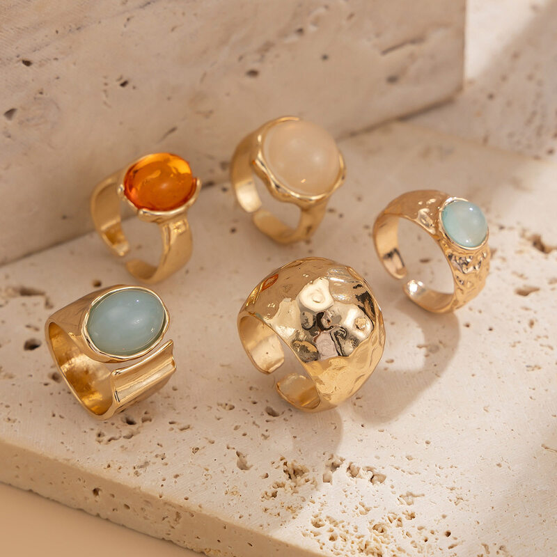 Boho Natural Stone Wide Band Ring Set GoldTone Hammered Metal MultiPiece Stackable Finger Rings for Women - view 5