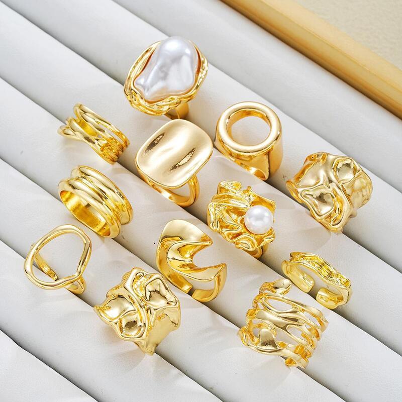 12Pcs GoldTone Irregular Hammered Stackable Ring Set Baroque Faux Pearl MultiPiece Finger Rings Women Punk Jewelry - view 4