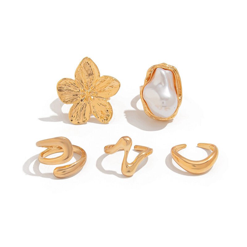 Boho Flower Baroque Pearl Stackable Ring Set GoldTone Color Stone MultiPiece Finger Rings for Women Beach Jewelry - view 5