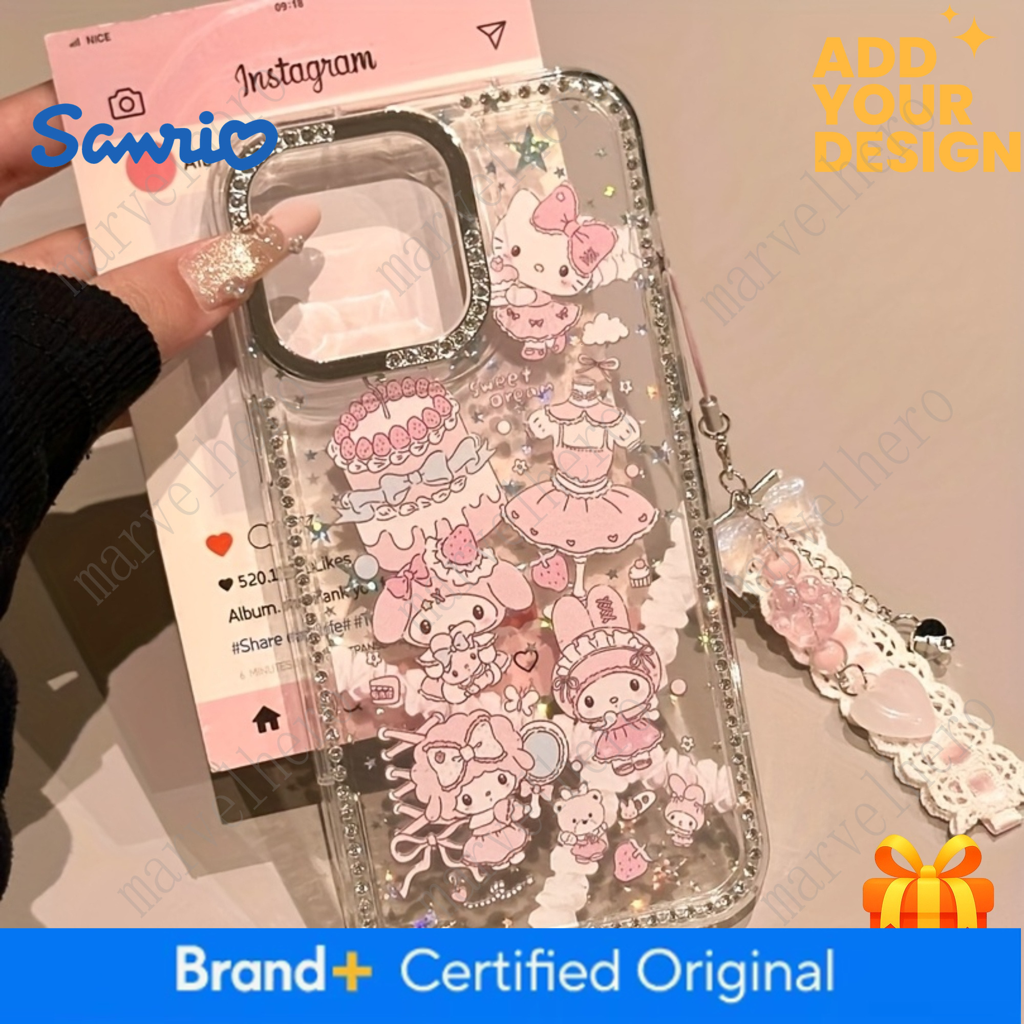 My Melody Sanrio Phone Case Pink Lace Heart Charm Rhinestone Frame And Star Design Compatible With Iphone 17 16 Pro Max 15 14 Plus 13 12