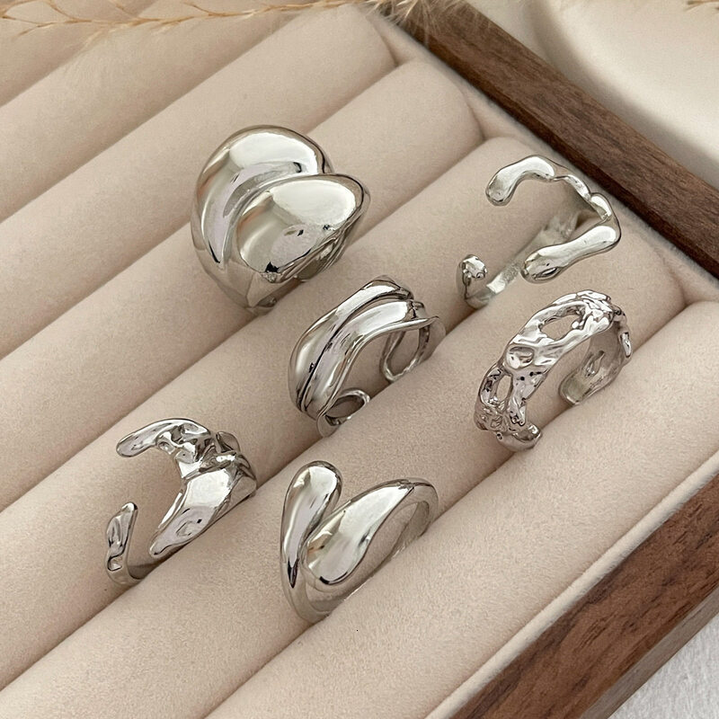 6Pcs GoldTone Irregular Open Ring Set Adjustable Hammered Geometric Stackable Finger Rings for Women Daily Jewelry - view 5