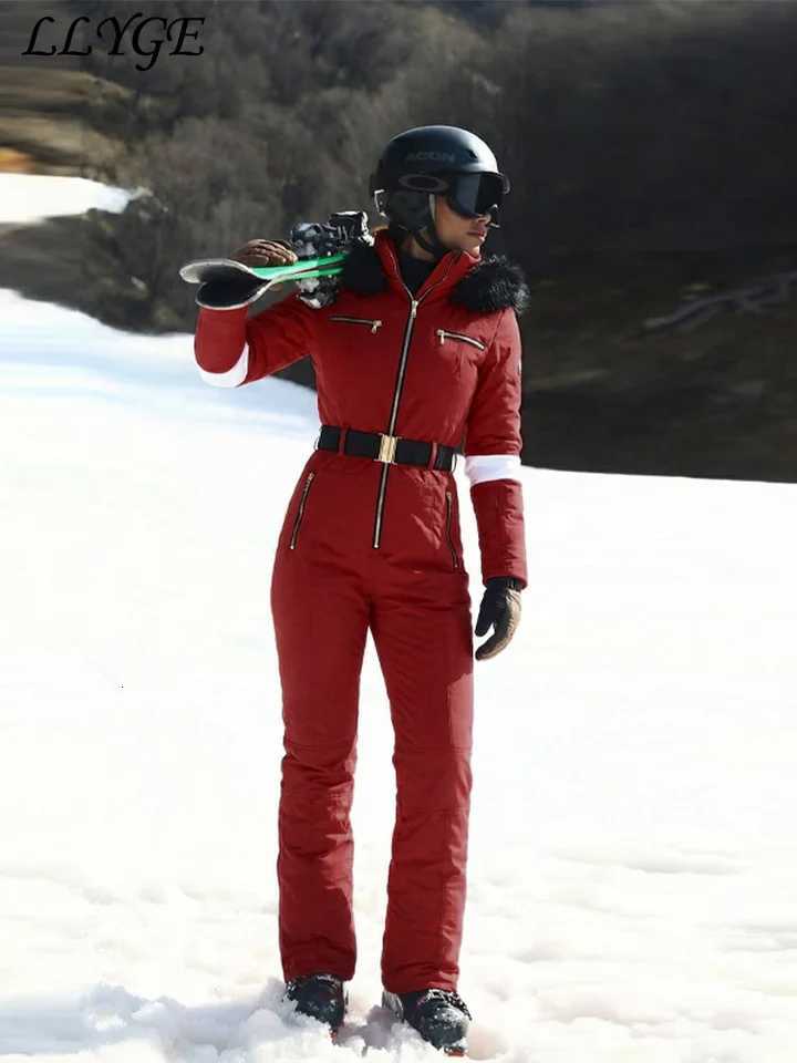 Ski Warm Hooded Women's Belted Suits One-Piece Stand Collar Full Sleeve Pockets Jumpsuits 2025 2026 Lady Chic Ski Wear Jumpsuit C260829 - view 6