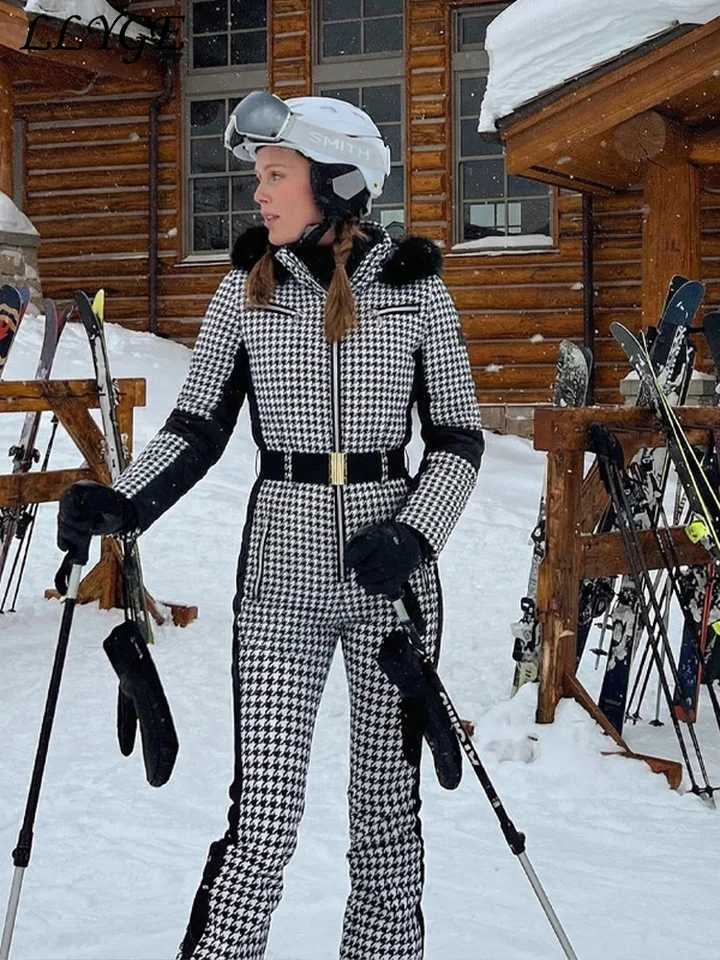 Ski Warm Hooded Women's Belted Suits One-Piece Stand Collar Full Sleeve Pockets Jumpsuits 2025 2026 Lady Chic Ski Wear Jumpsuit C260829