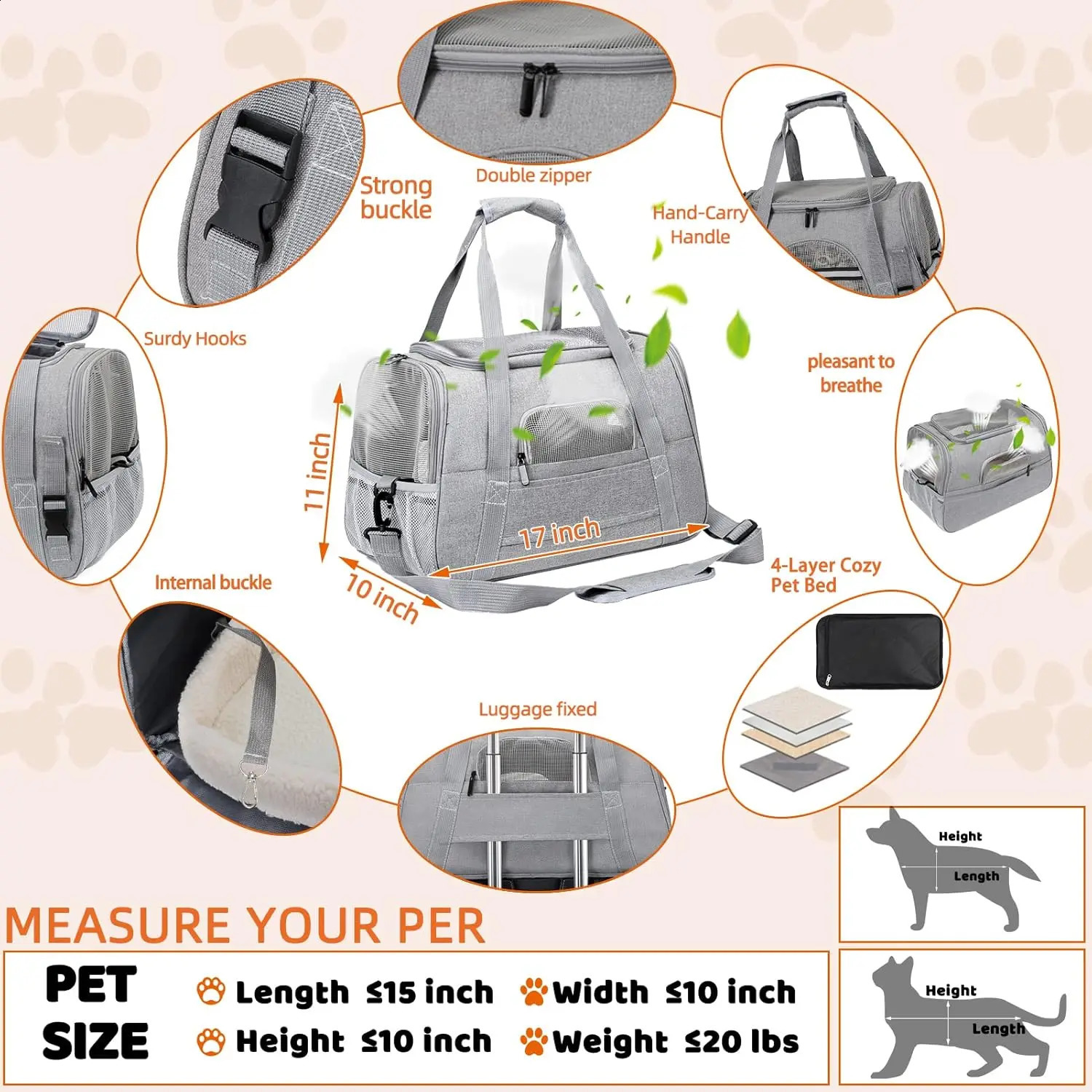 Pet Carrier Bag Airline Approved Up for Cats and Dogs Up to 20LBs Soft Cat Carrier Dog Carrier Travel Kitten Carrier with Mat 260828 - view 5